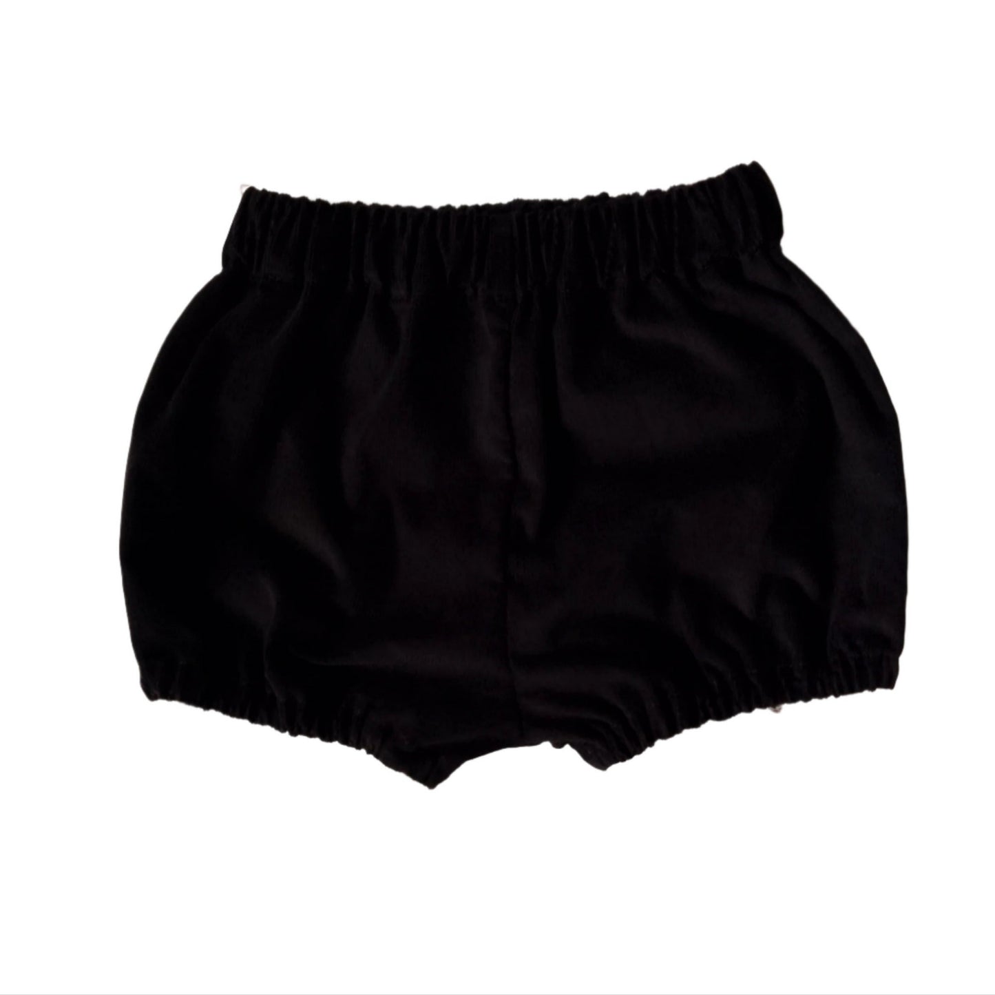 Black corduroy unisex baby bloomers on a plain white background