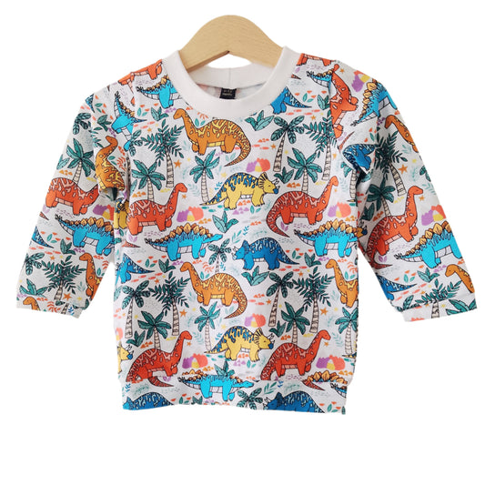 white long-sleeved childrens' t-shirt with colourful dinosaurs, displayed on a hanger