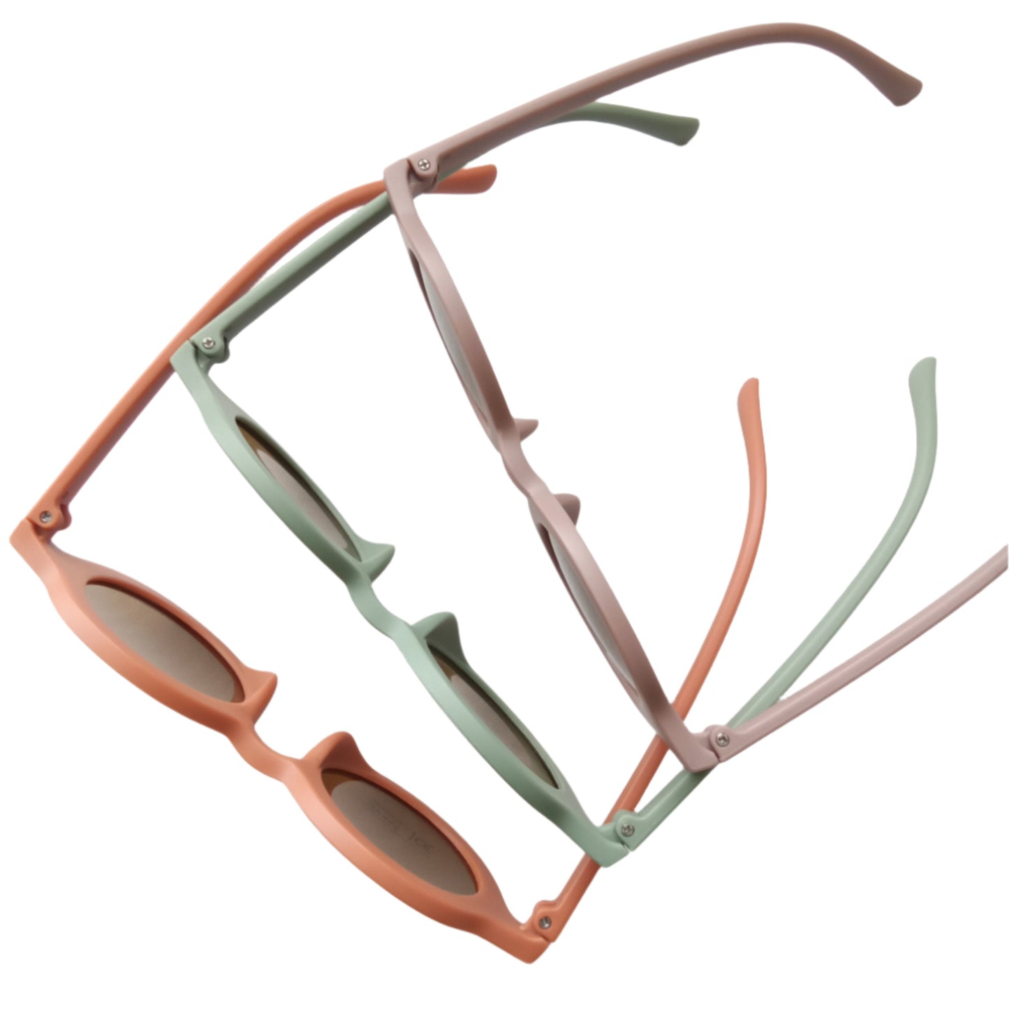 aerial view of a selection of retro style kids sunglasses with colourful frames, on a white background
