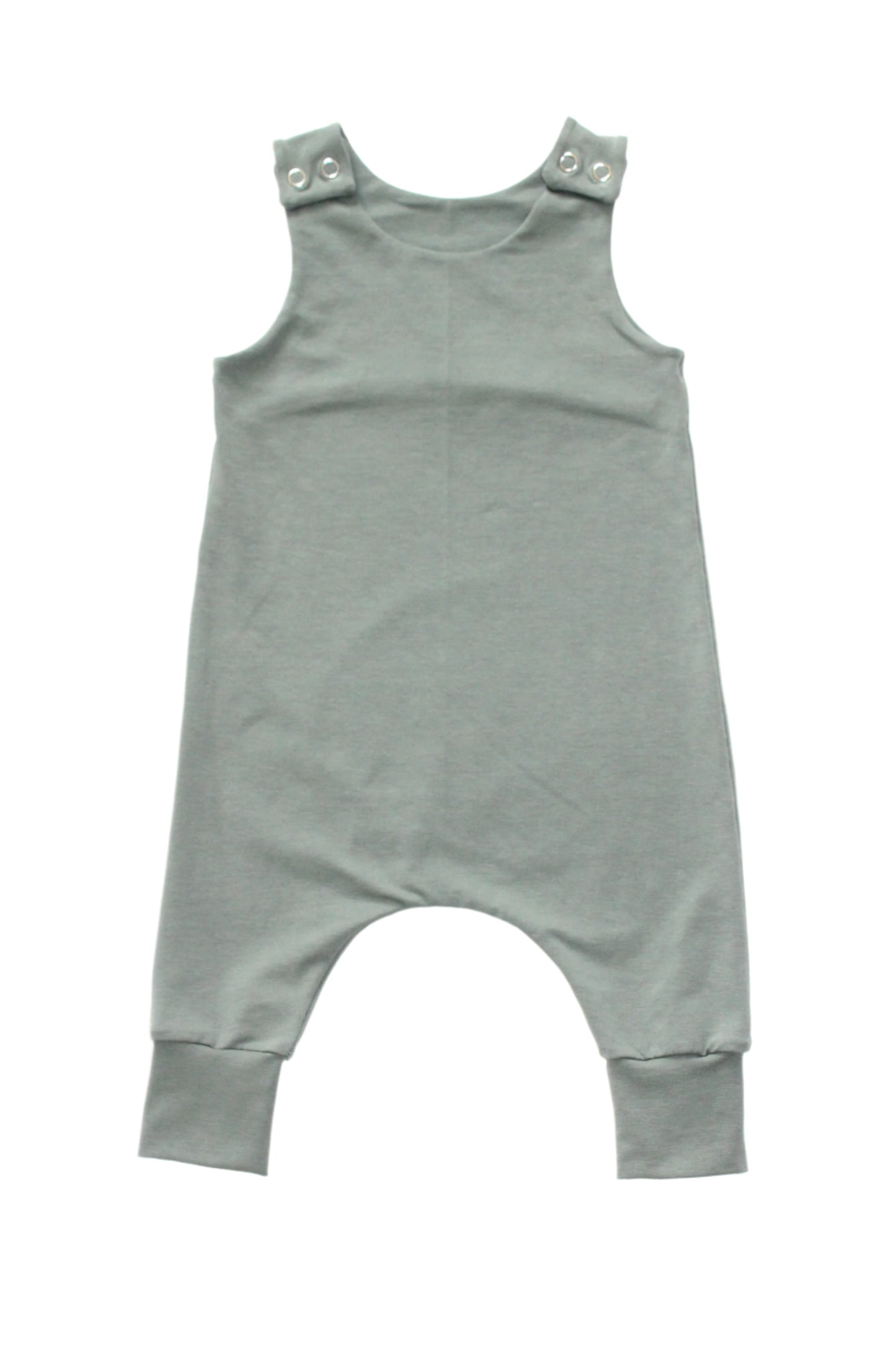 flatlay of a dusty mint plain jersey baby harem romper, against a white background