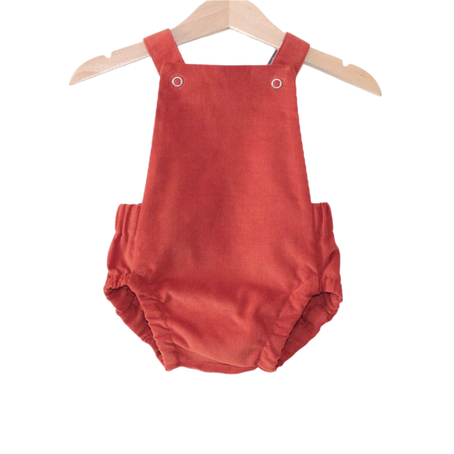 rust corduroy bloomer-style baby romper, displayed on a hanger