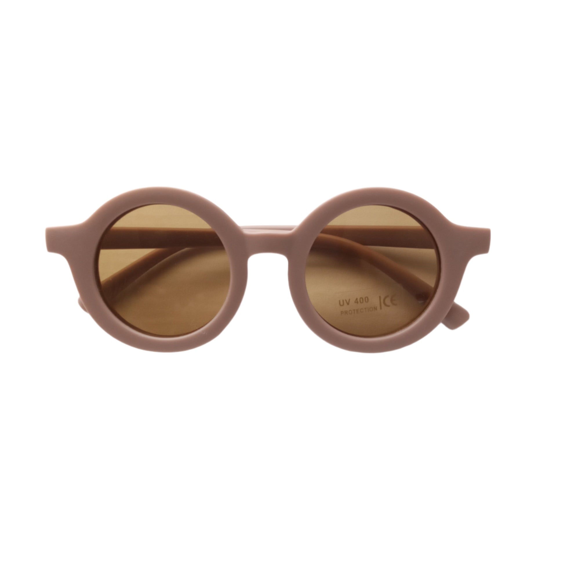 still life of a pair of dusty-brown frame colour toddlers' sunglasses, on a white background