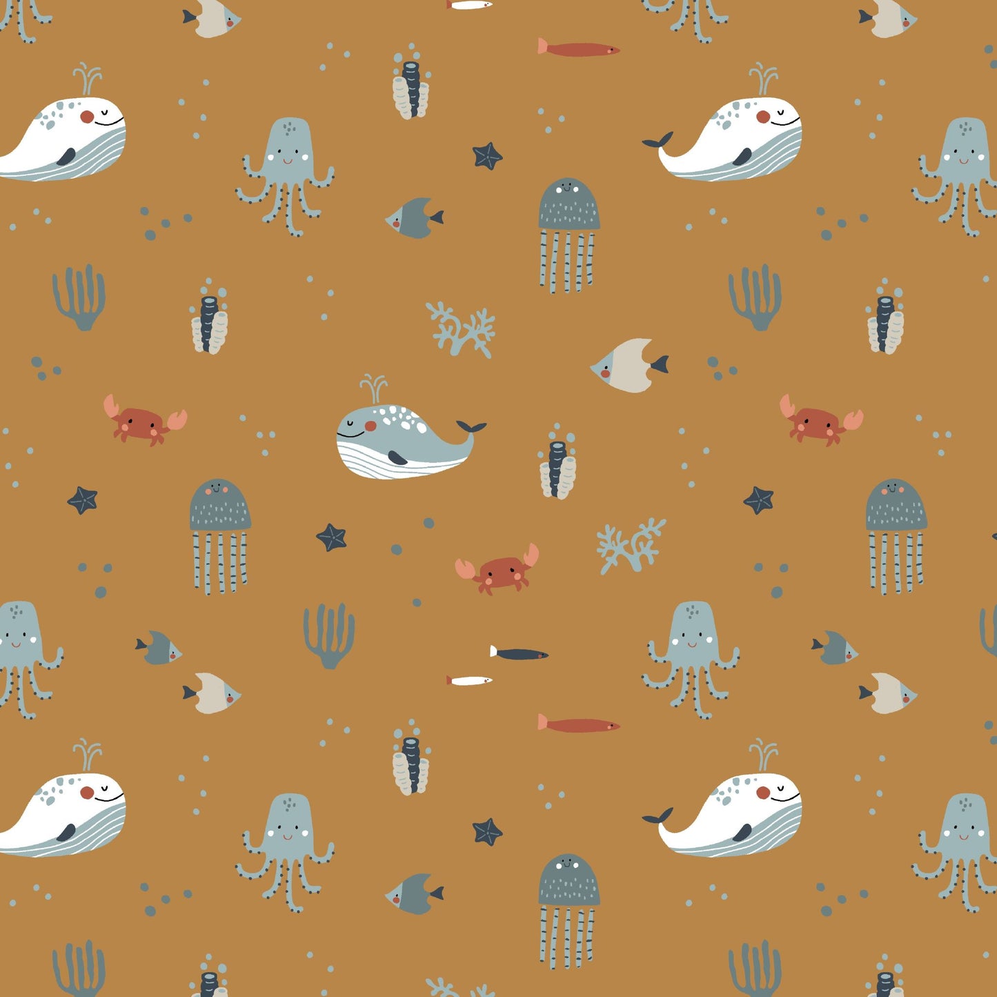 detail of caramel coloured jersey fabric, featuring different sea creatures.