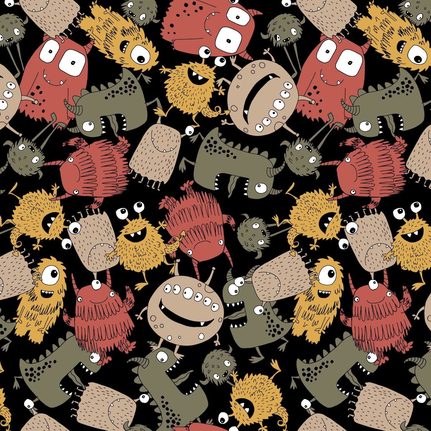 Detail of black French terry fabric, printed with colourful monsters and aliens.