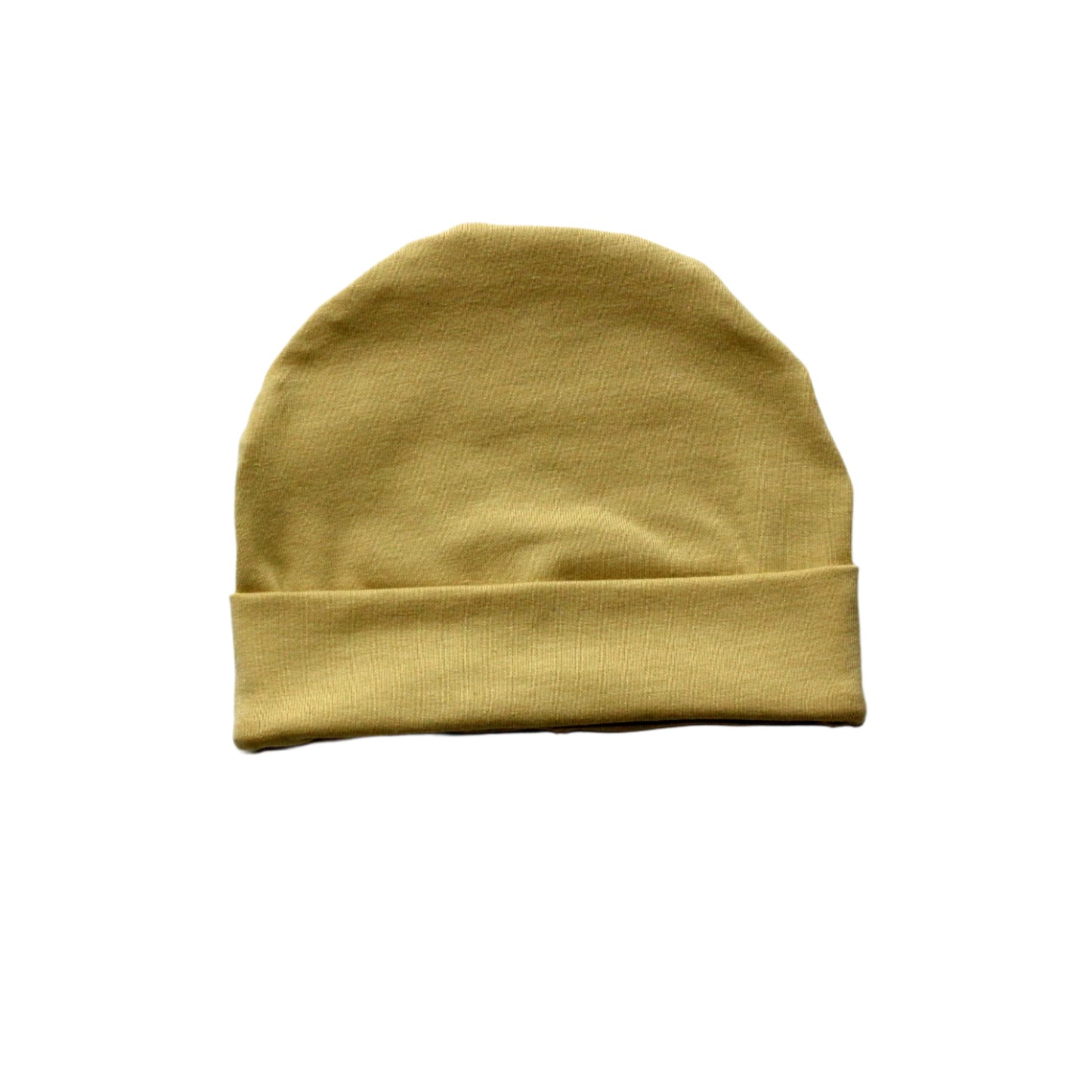 still life of a plain jersey, light yellow baby beanie hat, displayed against a white background