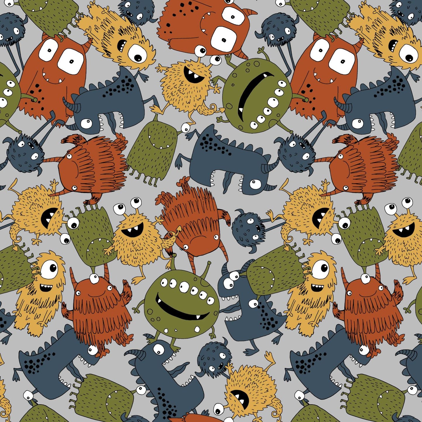 Detail of light grey French terry fabric, featuring colourful cartoon monsters and aliens.